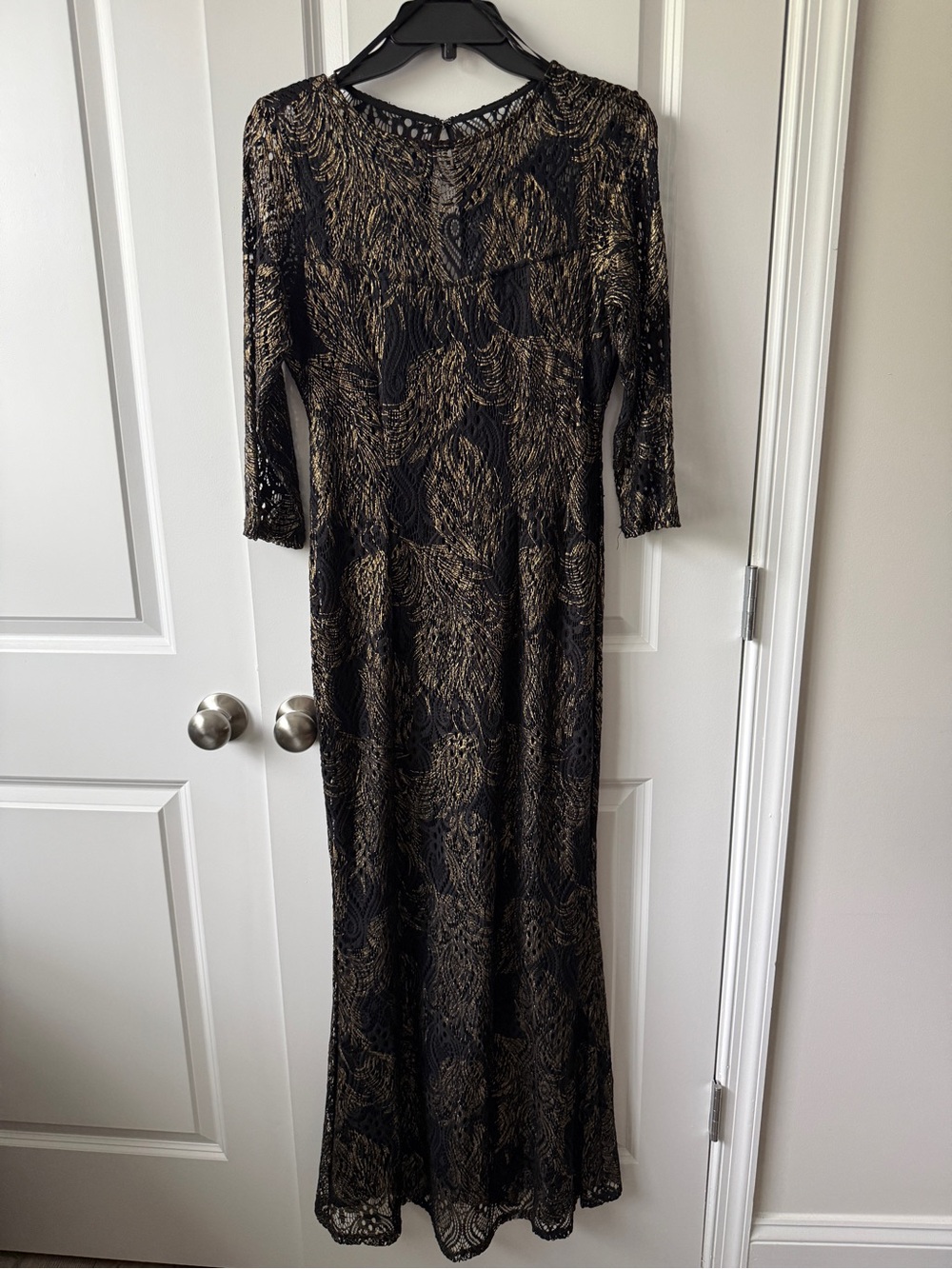 MARINA Black and Gold Lace Long-Sleeve Evening Gown
